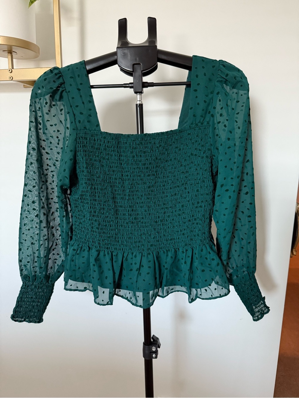 Nine West Teal Smocked Peplum Blouse with Sheer Polka-Dot Sleeves